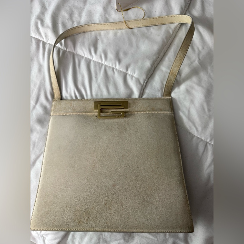 GUCCI Vintage G Square Logo Shoulder Bag Cream Gold Suede Leather